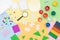 Materials used for kids crafts, art, experiments and education. Flat lay. Creativity for kids. Top view colorful background