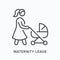 Maternity leave flat line icon. Vector outline illustration of woman with stroller. Black thin linear pictogram for