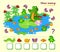 Math education for children. Count quantity of animals around crocodile on the lake and write numbers. Printable worksheet for