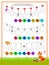 Math education for children. Write numbers in order and paint the toys in corresponding colors. Worksheet for school. Coloring