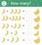 Math game with bananas. Tropical mathematic activity for preschool children. Jungle counting worksheet. Educational addition