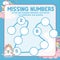 Math game for kids. missing numbers page with colourful and cute unicorn character.