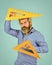 Math graphic tools. ready for engineering. tool for graphics. mature bearded man hold triangle ruler. study at home