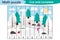 Math puzzle, xmas picture with snowy forest in cartoon style, education game for development of preschool children, use scissors,