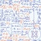 Math vector seamless educational pattern with formulas, equations and calculations, handwritten on grid copybook paper