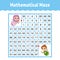 Mathematical maze. Game for kids. Funny labyrinth. Education developing worksheet. Activity page. Puzzle for children. Cartoon