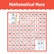Mathematical maze. Game for kids. Funny labyrinth. Education developing worksheet. Activity page. Puzzle for children. Cartoon