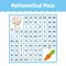 Mathematical maze. Game for kids. Number labyrinth. Education developing worksheet. Activity page. Puzzle for children. Cartoon