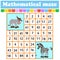 Mathematical rectangle maze. Donkey and zebra. Game for kids. Number labyrinth. Education worksheet. Activity page. Riddle for