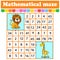 Mathematical rectangle maze. Lion and giraffe. Game for kids. Number labyrinth. Education worksheet. Activity page. Riddle for