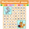 Mathematical rectangle maze. Mouse and squirrel. Game for kids. Number labyrinth. Education worksheet. Activity page. Riddle for