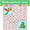 Mathematical rectangle maze. Parrot and frog. Game for kids. Number labyrinth. Education worksheet. Activity page. Riddle for