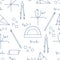 Mathematical scientific vector seamless pattern with geometry plots, tools and formulas. Education elements. Compasses, protractor