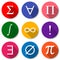 Mathematical Symbols. Set of colorful flat math icons with long shadows. Vector illustration