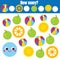 Mathematics educational children game. Study counting, numbers, addition. Count circle shape objects