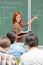 Mathematics student girl pointing on chalkboard