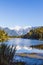 Matheson lake - Mirror Lake. Mount Cook and mount Tasman portrait. Southern Alps. South Island. New Zealand