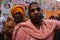 Mathura, Uttar Pradesh/ India- January 6 2020: wide angled portrait indian monk  sadhu baba roaming in the streets of mathura