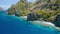 Matinloc island, El Nido, Palawan, Philippines. Aerial view of cute small beaches, crystal clear water, sharp cliffs and