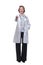 Matire female doctor pointing at camera isolated on a white background