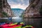 Matka, North Macedonia - August 26, 2018: Canyon Matka near Skopje with people kayaking and amazing foggy scenery