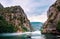 Matka, North Macedonia - August 26, 2018: Canyon Matka near Skopje with people kayaking and amazing foggy scenery