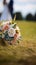 Matrimonial charm Wedding bouquet on grass, couple in the backdrop