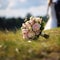 Matrimonial charm Wedding bouquet on grass, couple in the backdrop