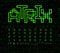 Matrix font, geometrical lines. Green digital letters on black cyberspace background. Electronic retro game alphabet.