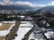 Matsumoto city covered by snow aerial view in Nagano Japan