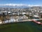 Matsumoto city covered by snow aerial view in Nagano Japan