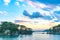 Matsushima Bay in dusk, beautiful islands covered with pine trees and rocks