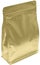 Matt gold aluminium flat bottom food pouch  with zipper  filled with coffee beans on white background fron view