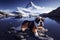 Matterhorn lake and Saint Bernard dog