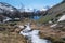 Matterhorn mountain with waterfall and lake in summer at Zermatt, Switzerland