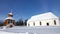 Mattmar church and Belltower in winter in Jamtland in Sweden