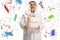 Mature arab man holding a birthday cake with confetti around