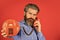 mature bearded man talk on retro phone. vintage technology in modern life. young man talking on telephone. senior man