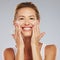Mature beauty portrait, face wash and happy woman glowing skincare, dermatology and anti aging cosmetics on grey studio