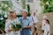 Mature bride with her dad at wedding outdoor ceremony.