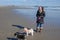 Mature Caucasian woman in a long black puffer winter jacket smiling at her two dogs as she walks them on a wide wet beach near the