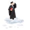 Mature college professor in graduation gown standing on cloud