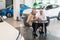 A mature couple is sitting in a car dealership and looking at a smartphone.