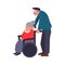 Mature couple on a walk. Care of a disabled person. Old man carries an elderly woman in a wheelchair. Cartoon vector