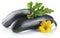 Mature courgettes with flowers on white background