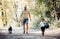 A mature father with a small toddler son and a dog going fishing.