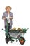 Mature gardener posing behind wheelbarrow