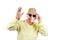 Mature granddad wearing hat and sunglasses waving with hand