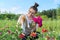 Mature happy woman with domestic cat and fresh zinnia flowers bouquet