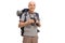 Mature hiker holding a binoculars